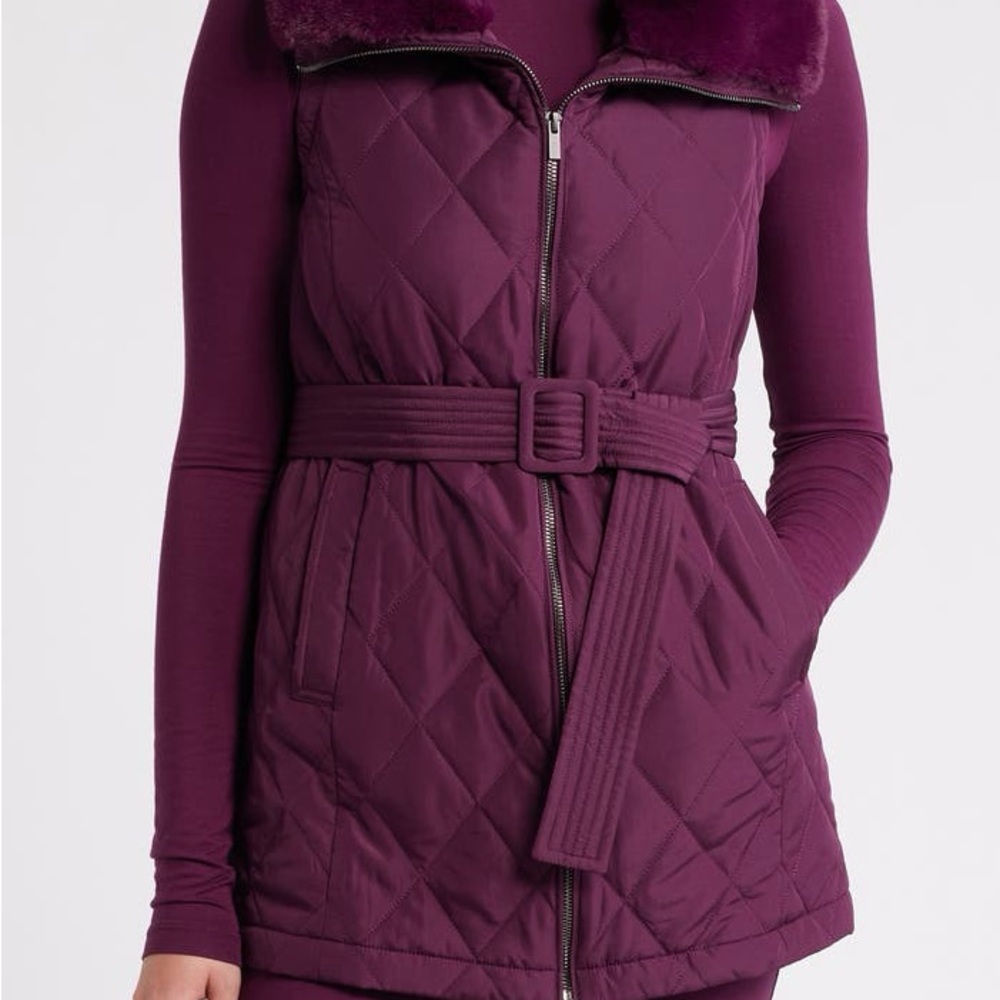 Deep Plum Quilted Vest with Faux Fur Collar